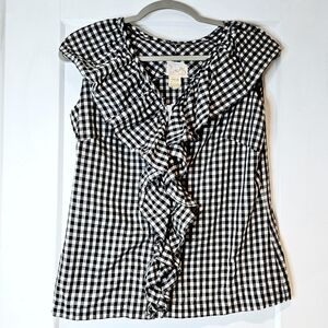 Vintage 60s 70s Ed Kobler Miami Gingham Ruffle Zip Front Top Black White